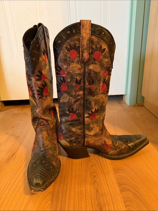 Tony Lama Shoes - Tony Lama Brown Leather Western Heeled Boots with Red flower Accents
